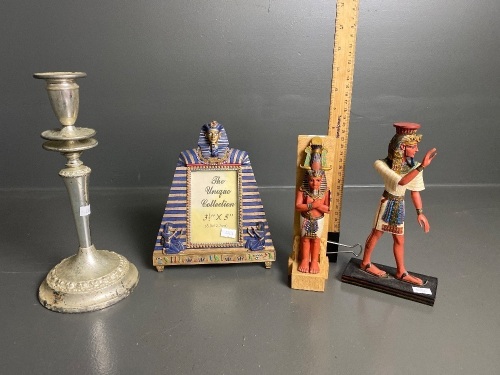 Silver Candle Stick + 2 Egyptian Ornaments and Picture Frame