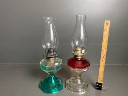 2x Painted Glass Octagon Oil Lamps