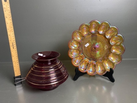 Vintage Carnival Glass Egg Platter & Ruby Glass Hive Vase W. Gold Trim