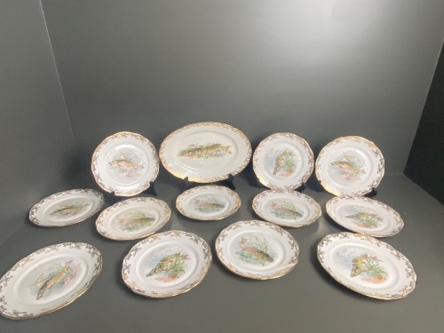 Porcelain De Berry Limoges Fish Serving 12 Plate Set with Platter