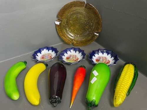 Art Deco Glass Ash Tray, Selection of Glass Vegetables and 2 x Pin Dishes