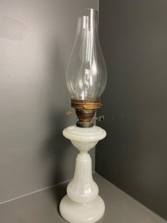 Tall Vintage Speckled White Glass Oil Lamp with Double Chimney