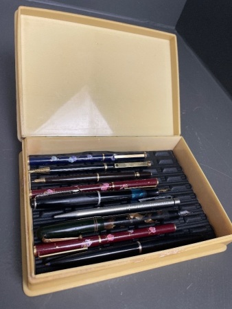 Assortment of 9 Collectable Pens in Vintage Zylonite Box