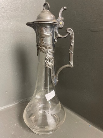 Art Nouveau Pewter and Etched Glass Decanter