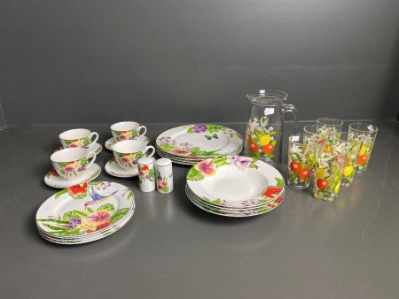 22 Piece Floral and Hemming Bird Bone China Dinner Ware -La Nouvelle- (unused) + 7 Piece Italian Hand-painted Lemonade Set