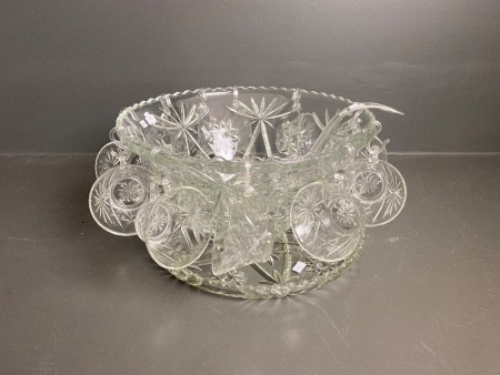 Large Heavy Glass Punch Bowl with Hanging Cups, Ladle and Matching Serving Platter