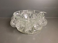 Large Heavy Glass Punch Bowl with Hanging Cups, Ladle and Matching Serving Platter