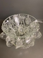 Large Heavy Glass Punch Bowl with Hanging Cups, Ladle and Matching Serving Platter - 2