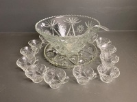 Large Heavy Glass Punch Bowl with Hanging Cups, Ladle and Matching Serving Platter - 3