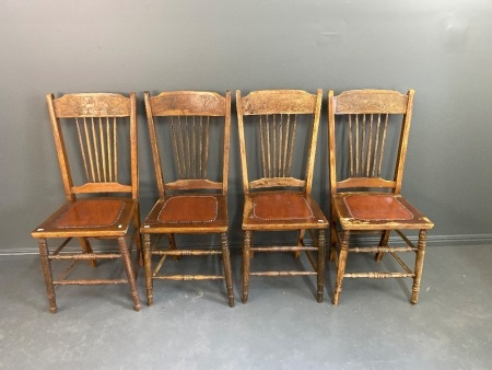 4 Antique Spindle Backed Chairs with Emu Pattern - Marked RD253