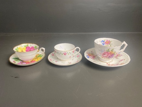 3 Bone China Cup/Saucer Sets inc. Rare Hand-painted and Gilded Royal Worcester Trailing Roses C1929, Hand Painted Floral and Gilded Tuscan C1947 and  Ainsley/Coalport Breakfast C1920-30