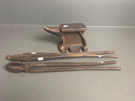 2 Pair of Blacksmith Tongs and Small Cast Steel Record Anvil