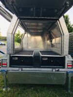 6x4 Welded Single Axle Trailer (2022) with tradesman top, tool box, welded roof bars,foldable stabilisers, brand new 13 inch spare wheel with holder and 2 x installed Kings drawers. ATM: 750kg - selling unregistered - 5