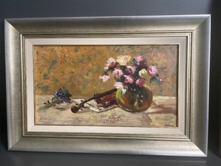 Wolfgang Lämmle signed oil on board “ Violin and Vase”