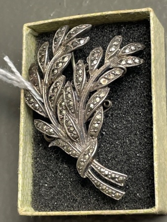 Sterling Silver Marcasite Brooch C1950 - marked Sterling Silver