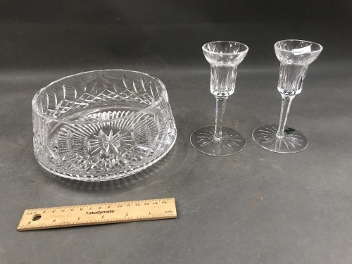 Pair of Waterford Crystal Candlesticks & Fruit Bowl