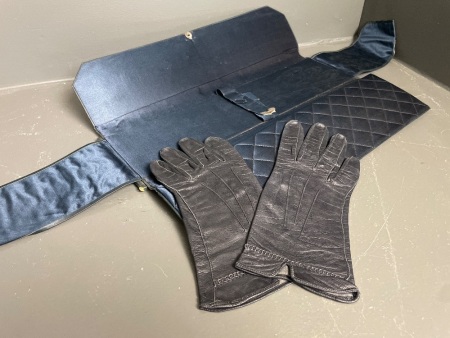 Pair Black Leather Gloves in Case with Glove Stretcher