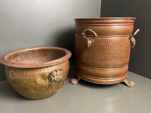 2 x large Brass and copper  Jardinières with figural handles