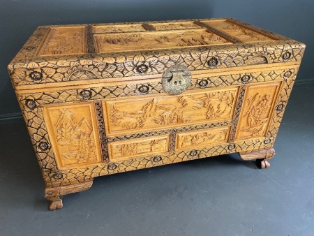 Extra large carved Asian camphor chest in blonde timber