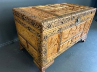 Extra large carved Asian camphor chest in blonde timber - 2