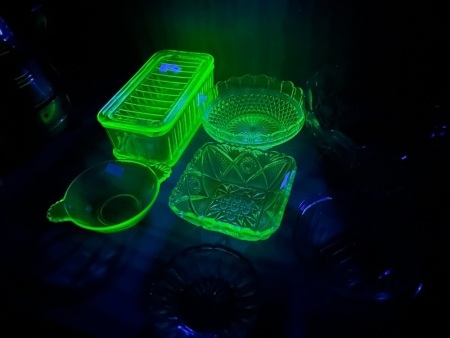 Uranium Glass Butter Dish (chipped), 3 Small Uranium Glass Dishes + 1930 Art Deco Green Glass Fruit Bowl and 2 Small Green Glass Dishes