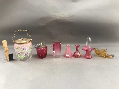 Collection of Antique Cranberry Glass inc. Hand Painted Tea Caddy, Bohemian Karlsbad Tankard, Conserve Pot + Pressed Amber Glass Shoe