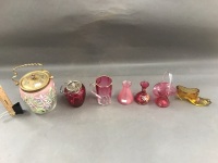 Collection of Antique Cranberry Glass inc. Hand Painted Tea Caddy, Bohemian Karlsbad Tankard, Conserve Pot + Pressed Amber Glass Shoe - 2