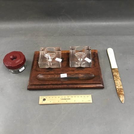 Collection Of Vintage Desk Items inc. Oak & Glass Inkwells + Bone & Pearlite Letter Opener