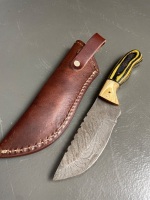 Damascus Fixed Blade Knife with Tooled Leather Sheath, 107mm edge/ 215mm long