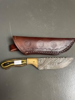 Damascus Fixed Blade Knife with Tooled Leather Sheath, 107mm edge/ 215mm long - 3