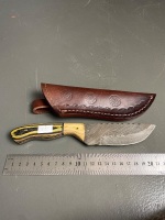 Damascus Fixed Blade Knife with Tooled Leather Sheath, 107mm edge/ 215mm long - 4