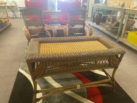 Cane Setting with 2 Chairs and Glass Top Table