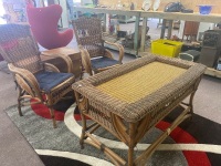 Cane Setting with 2 Chairs and Glass Top Table - 2