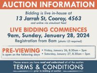 AUCTION INFORMATION: Bidding is live at 13 Jarrah St, Cooroy, 4563 & online via web feed (simulcast) - It is recommended that interested bidders attend the auction onsite | BIDDING COMMENCES: 9am, Sunday, January 28, 2024, Registration from 8am (photo I.D