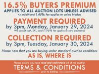 TERMS AND CONDITIONS: 16.5% BUYERS PREMIUM APPLIES TO ALL AUCTION LOTS UNLESS ADVISED (An additional 1.65% fee applies to online bidders) | PAYMENT REQUIRED by 3pm, Monday, January, 29, 2024 - We accept cash, EFT, card (1.95% fee applies to card payments)