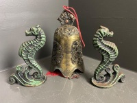 Pair cast iron seahorses and large brass bell - 2