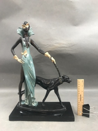 Art Deco Style Figurine of Masked Lady with Black Panther - As Is