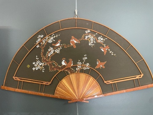 Large oriental fan spilt cane and bird blossom artwork approx 1400mm wide