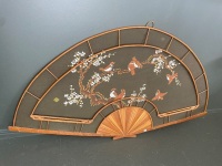 Large oriental fan spilt cane and bird blossom artwork approx 1400mm wide - 4