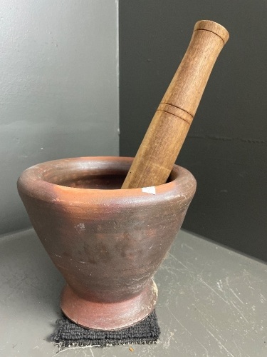 Mortar and pestle clay and wood