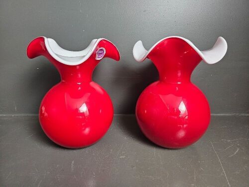 Pair of Red/White Polish Hand-made Glass Vases