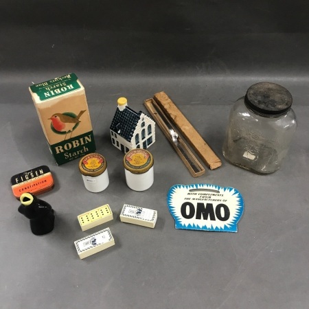 Box Lot of Collectable Advertising/Kitchenware inc. Early Marmite Jars, Qantas Letter Opener Robin Starch Etc.