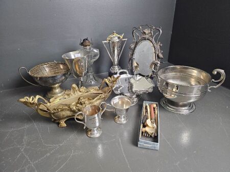 Large Mixed Lot of Metalware and an early 20th Century glass Kerosene Lamp