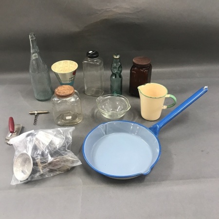 Box Lot of Kitchenalia and Vintage Glass Jars & Bottles