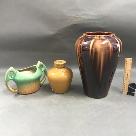 Large Vintage Bendigo Drip Glaze Vaze, Fowler Salt Glaze Pot + 1 Other Drip Glazed Vase