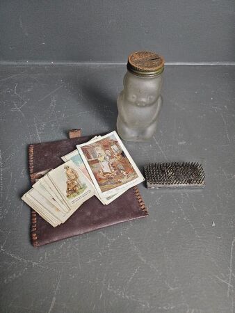 Vintage Allens Glass Pig Honesty Box with lid, Vintage Stay Put Flower Holder & Leather Purse with Cigarette Cards