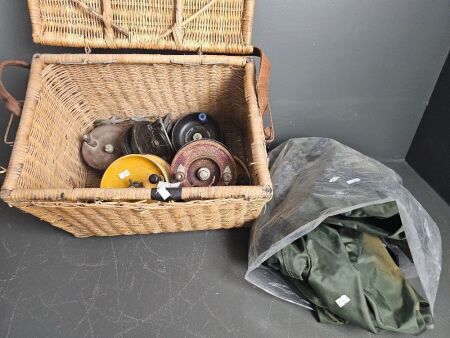 Fishing Basket w Mixed Fishing Reels and Waders