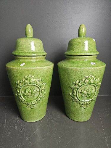 Pair of Lidded Green Crackle Glazed Temple Jars with Embossed Rose Pattern