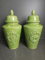 Pair of Lidded Green Crackle Glazed Temple Jars with Embossed Rose Pattern