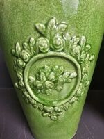 Pair of Lidded Green Crackle Glazed Temple Jars with Embossed Rose Pattern - 2